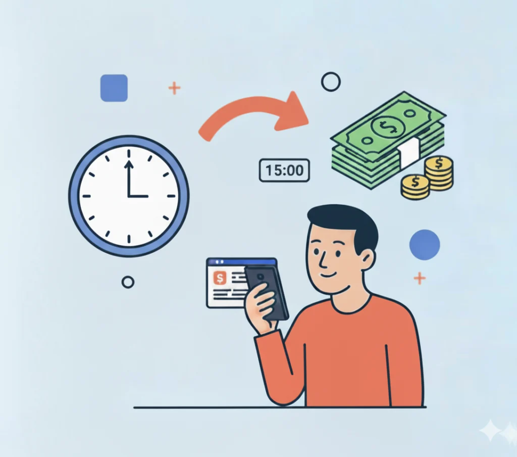 Mężczyzna przeglądający smartfona z aplikacją, obok niego analogowy zegar wskazujący 12:00, cyfrowy zegar z 15:00 oraz banknoty i monety, symbolizujące zarządzanie czasem i finansami. Całość w stylu kreskówkowym na jasnoniebieskim tle.