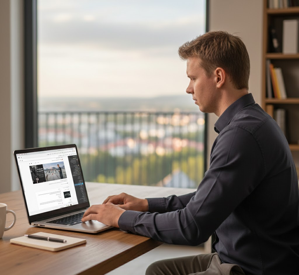 Patryk Striem, który tworzy profesjonalne strony internetowe i sklepy online. Siedzi przy laptopie, w tle widok na panoramę miasta